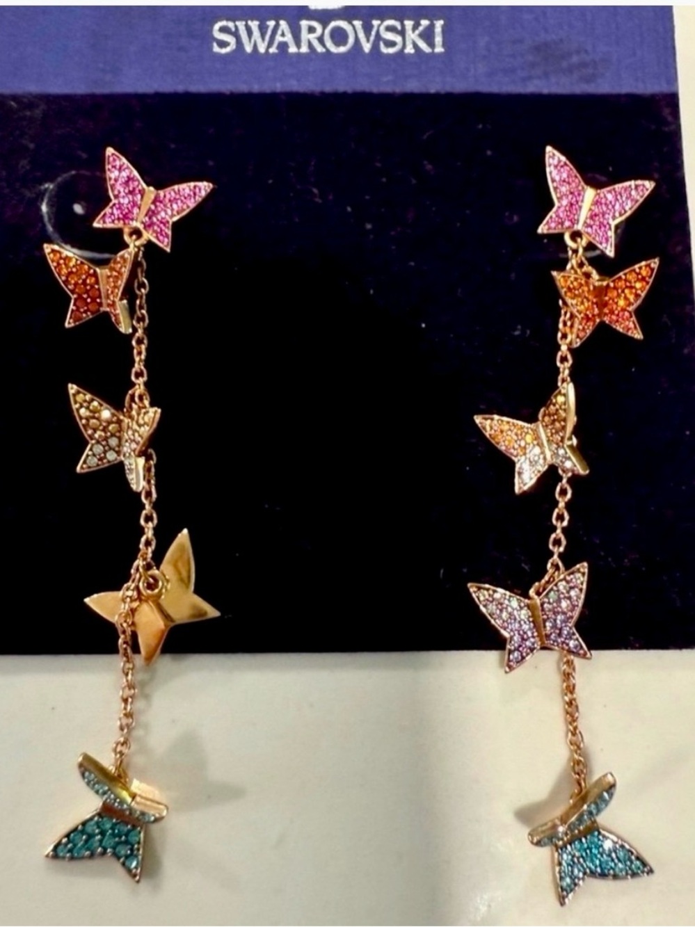 Swarovski Lilia Crystal multicolored butterfly drop earrings rose gold tone - Picture 2 of 6